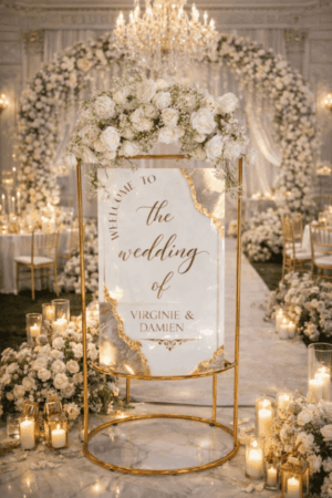 Structure panneau de bienvenue doré avec fleurs